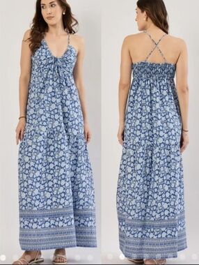 Sim & Sam Halter V-Neck Bohemian Floral Maxi Dress Smocked Back